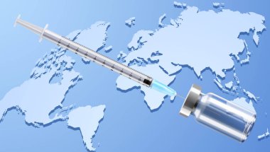 İğne ve şırınga için bir şişe. Coronavirus aşısı, botoks, dolgu maddesi, Hyaluronic Asit. Uyuşturucu Ampul Tasarım Şablonu. Tıbbi cam şişe. Haritanın arka planında gerçekçi 3d vektör çizimi