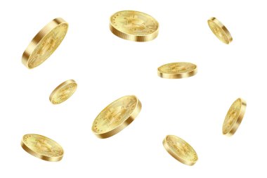 Bitcoin paraları beyaz arka planda izole bir şekilde uçuyor. Bitcoin sanal kripto para birimi patlaması. Gerçekçi 3d Vektör illüstrasyonu.