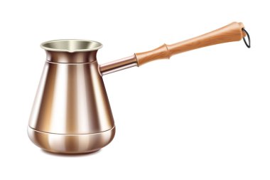 Turkish Coffee pot with a wooden handle, Equipment for cooking aromatic beverage. Copper cezve. Isolated on white background. Realistic 3d Vector illustration.