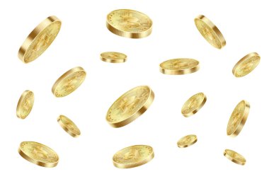 Bitcoin paraları beyaz arka planda izole bir şekilde uçuyor. Bitcoin sanal kripto para birimi patlaması. Gerçekçi 3d Vektör illüstrasyonu.