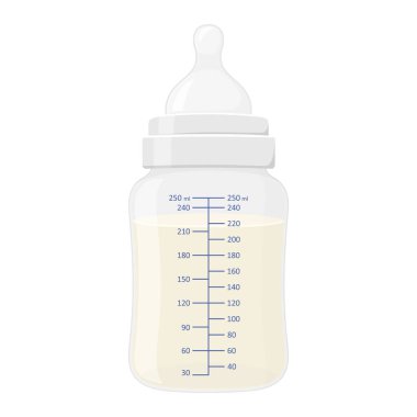 Baby milk bottle. Plastic container with measurements, filled with milk infant formula. Vector flat illustration of filled newborn baby milk bottle with silicone nipple isolated on white background