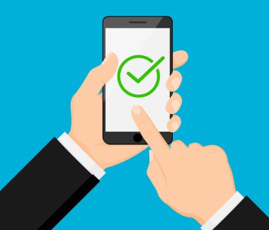 Hand holding smart phone. Check mark on smartphone screen.Approve, Done or Success icon. Finger on mobile device screen. Creative modern flat design.