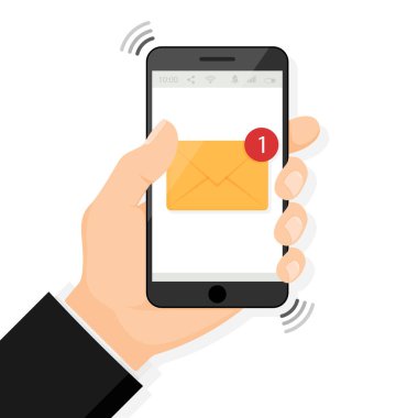 Hand holding smartphone with new email notification on mobile phone vector illustration, smartphone screen with new unread e-mail message and read mail envelope icons, inbox concept, flat design