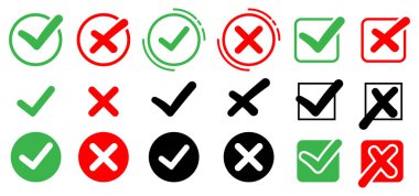 Checkmark icons set. A collection of web button variants, green checkmark and red cross. approved and rejected stamp. Many options, Vector validation icons set