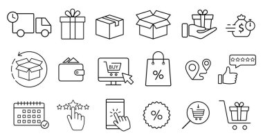 Click and collect order, vector line icons set, online order, delivery truck, delivery service steps, pick up order at pickup point, payment, rating icon, rating review, flat illustration