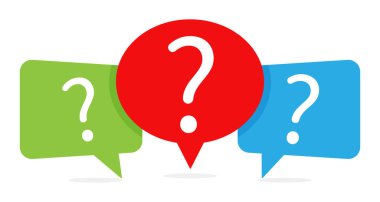 Set of three colored speech bubble, Message box with question mark icon. Vector flat design