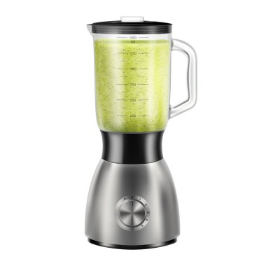 Realistic Juicer blender with healthy smoothie. Steel mixer with kiwi detox smoothie. Cooking food electronics equipment, kitchenware device. Isolated 3d vector