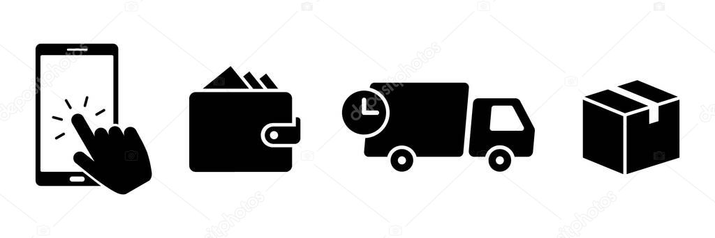 Click and collect order, vector icons set, online order, delivery truck, delivery service steps, pick up order at pickup point, payment, rating icon, rating review, flat illustration