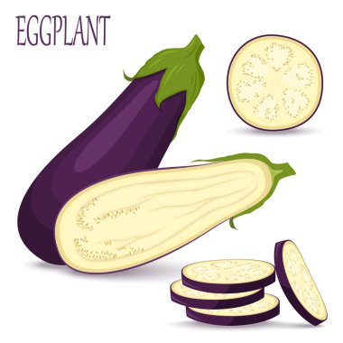 Patlıcan seti beyaz arka planda izole edildi. Tam, dilimlenmiş, yarısı taze patlıcan. Salata için vektör malzemeleri.