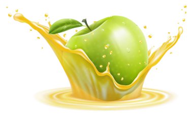 Apple in a transparent splash of juice, isolated on white background. Realistic 3D vector. Editable handmade mesh