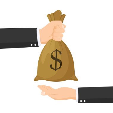 Human hand gives money bag to another person payment banking poster, vector flat illustration
