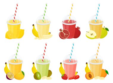 Meyve kokteyli ya da meyve püresi. Çizgili piposu olan şeffaf plastik bardaklar. Çilek, limon, portakal, kivi, nar, mango, elma, muz kokteyli. Düz tasarım