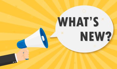 Erkek el megafonu, konuşma balonu ve yeni ne varsa. Hoparlör. İş, pazarlama ve reklam afişi. Vektör düz resimleme.