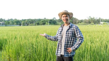 Asyalı adamlar pirinç çiftliğinin önünde duruyorlar..