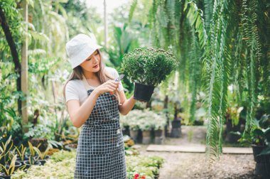 Young women doing hobbies taking care of plants, watering, shoveling flowers. In the garden during the break from work