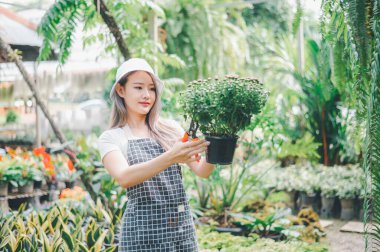 Young women doing hobbies taking care of plants, watering, shoveling flowers. In the garden during the break from work