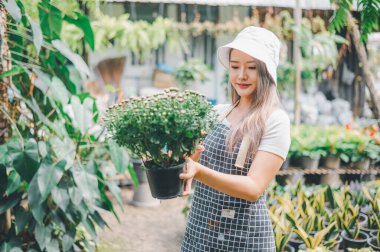Young women doing hobbies taking care of plants, watering, shoveling flowers. In the garden during the break from work