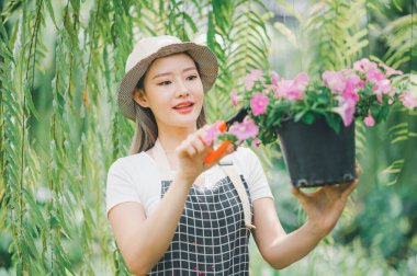 Young women doing hobbies taking care of plants, watering, shoveling flowers. In the garden during the break from work