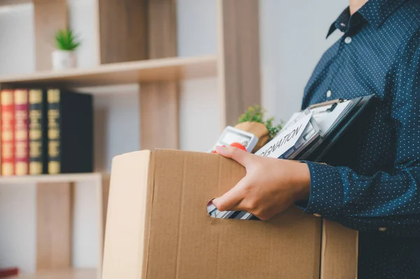 Female Firm Employee Leaving Office Cardboard Boxes Containing Office Supplies — Stock Photo, Image