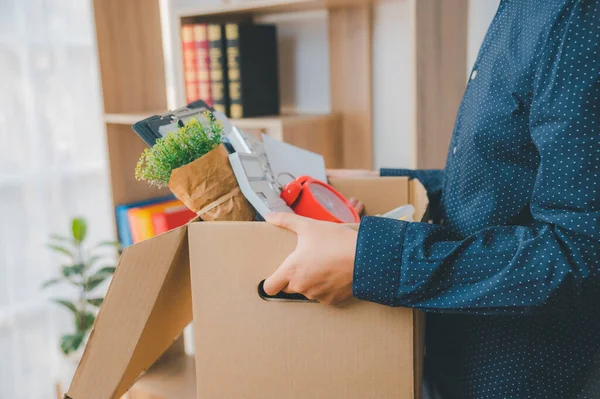 Female Firm Employee Leaving Office Cardboard Boxes Containing Office Supplies — Stock Photo, Image