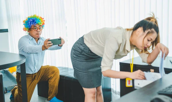 Boss Supervisor Secretly Using Mobile Phone Film Buttocks Female Employee — Stock Photo, Image