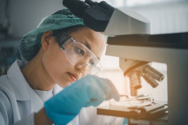Female researchers are experimenting with pipette dropping a sample into a test tube in an experiment research in laboratory..	