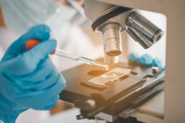 Female researchers are experimenting with pipette dropping a sample into a test tube in an experiment research in laboratory..	