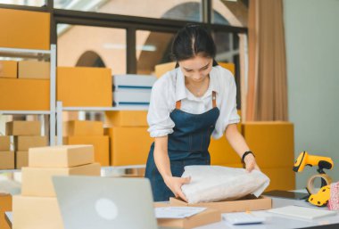 Çevrimiçi küçük işletme sahipleri sipariş ettikleri ürünleri çevrimiçi alışveriş kutusuna koyuyorlar.