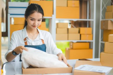 Çevrimiçi küçük işletme sahipleri sipariş ettikleri ürünleri çevrimiçi alışveriş kutusuna koyuyorlar.