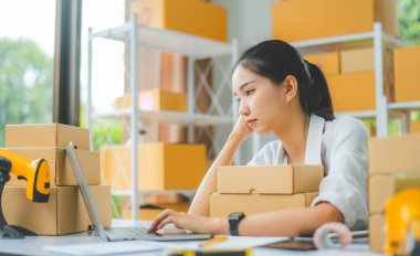 Çevrimiçi küçük işletme sahipleri henüz ulaşmamış siparişleri beklerken üzgün ve sıkılmış durumdalar, Çevrimiçi Perakendeciler. İnternet üzerinden konsept alışverişi