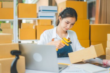 Çevrimiçi küçük işletme sahibi, müşteriye teslim edilmeden önce müşterinin siparişini doğrulamak için barkod tarayıcı ile etiketli bir paket tarar.