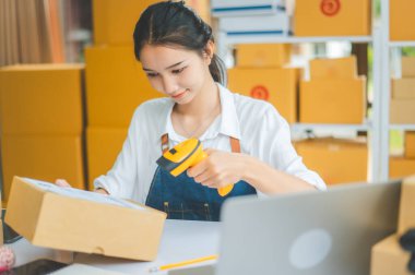 Çevrimiçi küçük işletme sahibi, müşteriye teslim edilmeden önce müşterinin siparişini doğrulamak için barkod tarayıcı ile etiketli bir paket tarar.