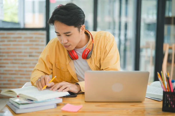 Genç Asyalı üniversite öğrencisi kafede dizüstü bilgisayarda çalışıyor ve öğreniyor. İnternette bilgi aranıyor.