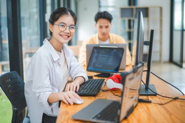 Female programmer working on coding, software development and web design.Concept technology development.	