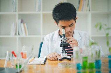 Asyalı erkek bilim öğrencileri mikroskopla bakıyorlar ve sınıfta bitki testleri yapıyorlar. Bitki türleri üzerinde bilimsel deneyler öğrenmek.