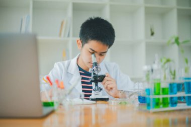 Asyalı erkek bilim öğrencileri mikroskopla bakıyorlar ve sınıfta bitki testleri yapıyorlar. Bitki türleri üzerinde bilimsel deneyler öğrenmek.