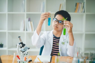 Asyalı erkek bilim öğrencileri mikroskopla bakıyorlar ve sınıfta bitki testleri yapıyorlar. Bitki türleri üzerinde bilimsel deneyler öğrenmek.