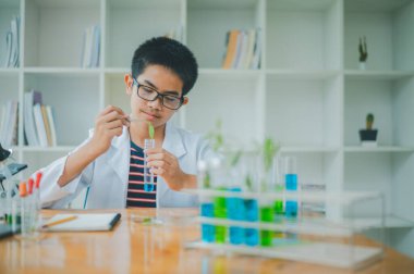 Asyalı erkek bilim öğrencileri mikroskopla bakıyorlar ve sınıfta bitki testleri yapıyorlar. Bitki türleri üzerinde bilimsel deneyler öğrenmek.