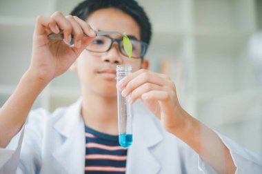 Asyalı erkek bilim öğrencileri mikroskopla bakıyorlar ve sınıfta bitki testleri yapıyorlar. Bitki türleri üzerinde bilimsel deneyler öğrenmek.