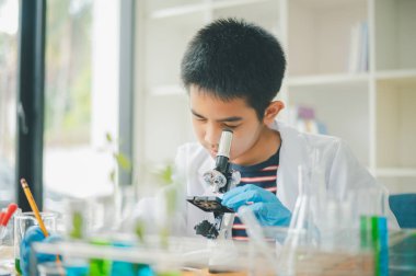 Asyalı erkek bilim öğrencileri mikroskopla bakıyorlar ve sınıfta bitki testleri yapıyorlar. Bitki türleri üzerinde bilimsel deneyler öğrenmek.