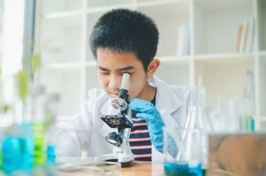 Asyalı erkek bilim öğrencileri mikroskopla bakıyorlar ve sınıfta bitki testleri yapıyorlar. Bitki türleri üzerinde bilimsel deneyler öğrenmek.