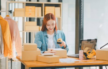 online small business owner scans a barcode-labeled parcel with a barcode scanner to verify a customer's order before it is delivered to the customer.	