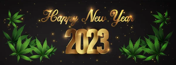 Szczęśliwego Nowego Roku 2023 Nowy Rok Świecące Tło Liściem Marihuany — Wektor stockowy