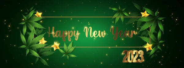 Happy New Year 2023 新年マリファナの葉で輝く背景 ベクターイラスト — ストックベクタ