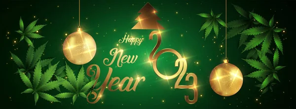 Καλή Χρονιά 2023 Πρωτοχρονιά Λαμπερό Φόντο Φύλλα Μαριχουάνας Εικονογράφηση Διανύσματος — Διανυσματικό Αρχείο