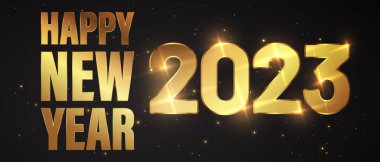 Altın parıltılı havai fişeklerin yeni yılı kutlu olsun. Vector Golden Işıltılı metin ve 2023 numara bayram tebrik kartı için ışıldıyor.