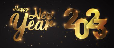 Altın parıltılı havai fişeklerin yeni yılı kutlu olsun. Vector Golden Işıltılı metin ve 2023 numara bayram tebrik kartı için ışıldıyor.