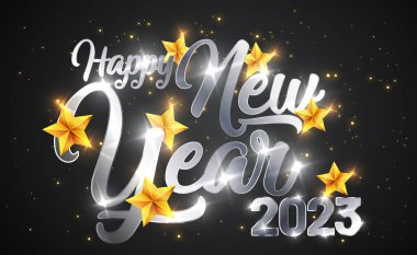 Işıltılı, gümüş rengi havai fişeklerin yeni yılı kutlu olsun. Vektör gümüş parıltılı metin ve bayram tebrik kartı için parıltılı 2023 numara