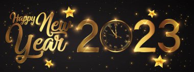 Happy new 2023 year Elegant gold text with fireworks, clock and light. Minimalistic text template. clipart