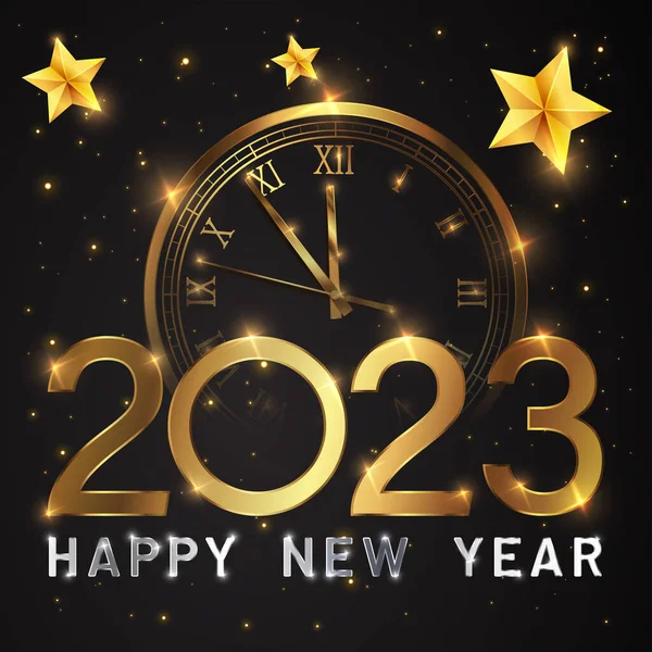 stock vector Happy new 2023 year Elegant gold text with fireworks, clock and light. Minimalistic text template.